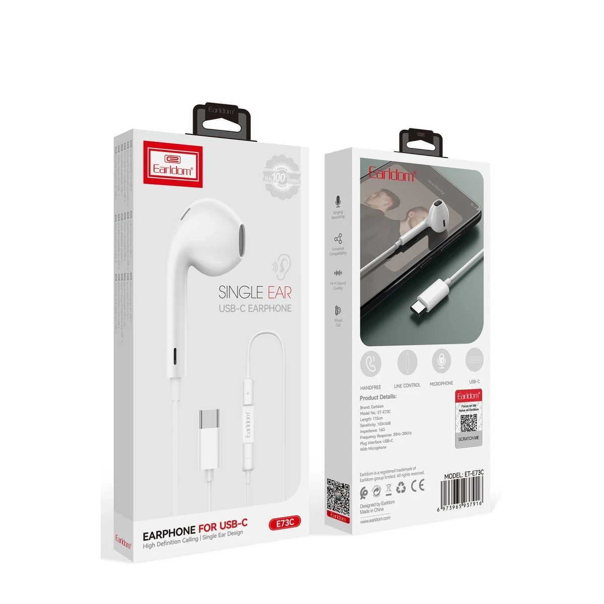 Earldom E73C Tek Kulak İçin Type-C Kablolu Kulaklık - Beyaz