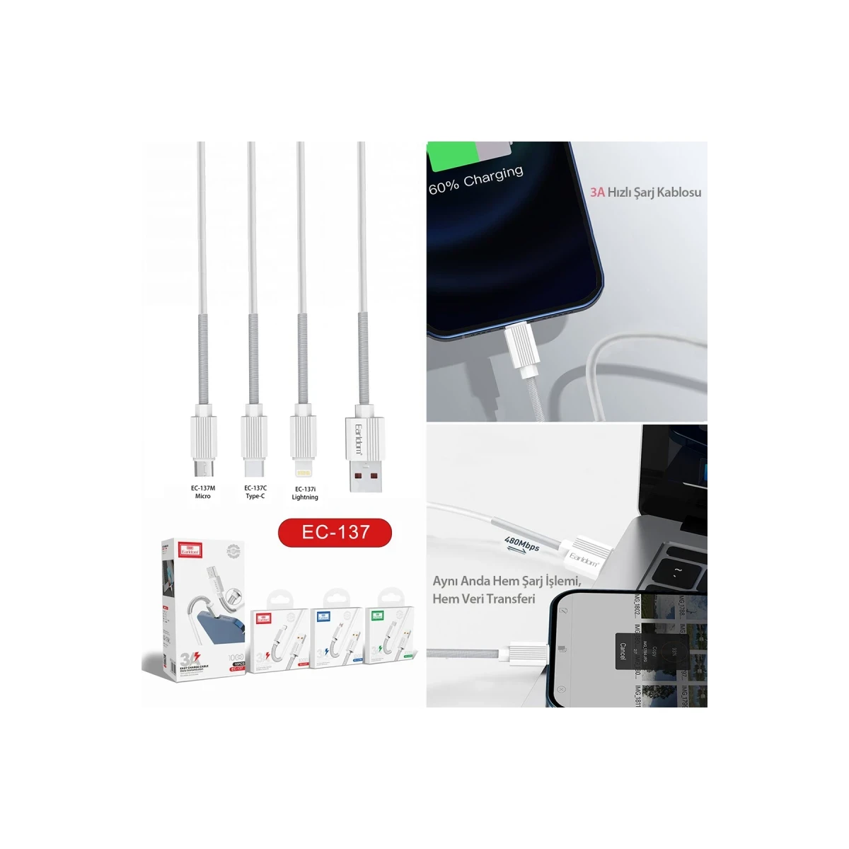 Earldom EC-137i 1M 3A Kırılmaya Dayanıklı Lightning Hızlı Şarj Kablosu - Beyaz