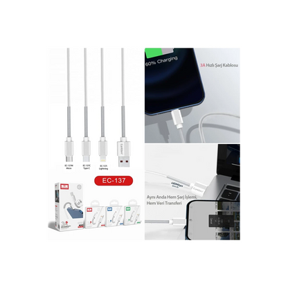 Earldom EC-137i 1M 3A Kırılmaya Dayanıklı Lightning Hızlı Şarj Kablosu - Beyaz