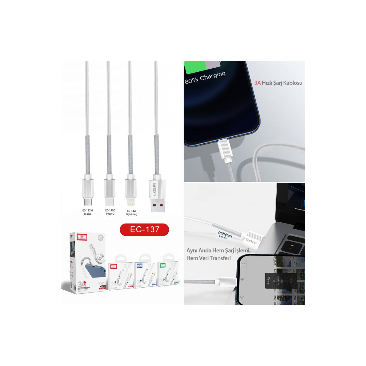 Earldom EC-137i 1M 3A Kırılmaya Dayanıklı Lightning Hızlı Şarj Kablosu
