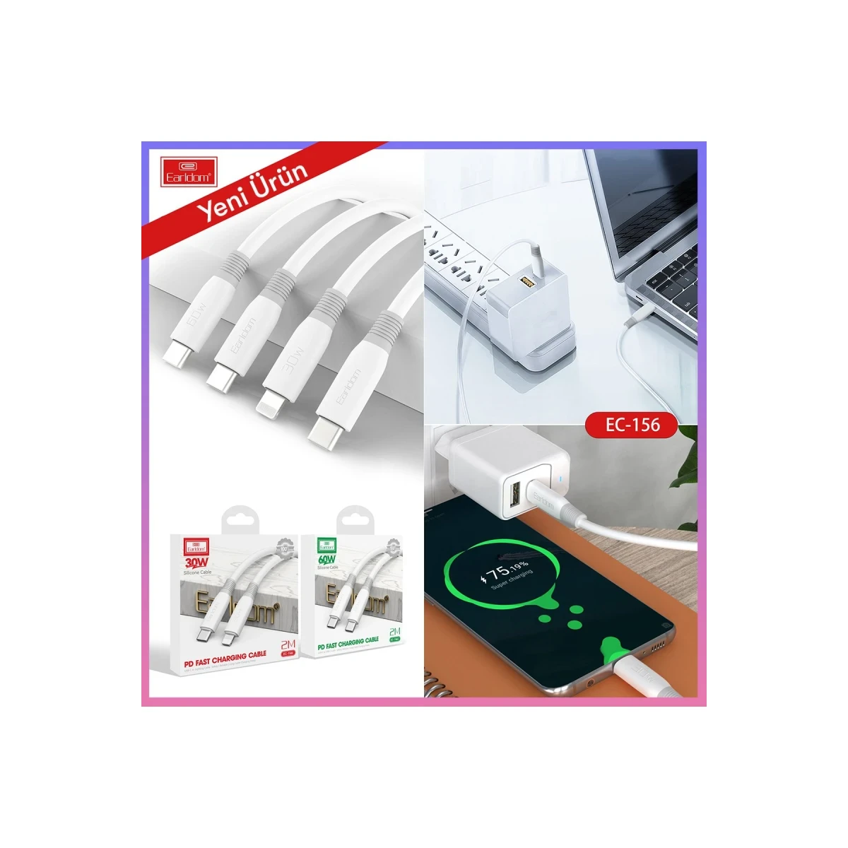 Earldom EC-156i PD 30W Type-C to Lightning 2m Hızlı Şarj Kablosu - Beyaz