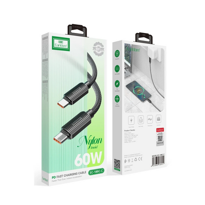 Earldom EC-188CC 1M 60W Hasırlı Type-C to Type-C PD Hızlı Şarj Kablosu - Siyah