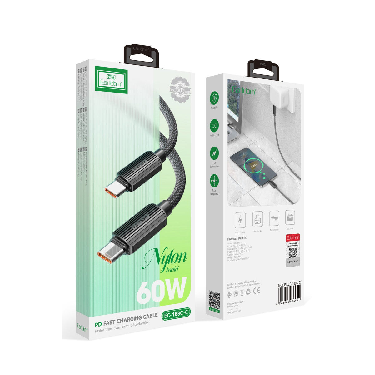 Earldom EC-188CC 1M 60W Hasırlı Type-C to Type-C PD Hızlı Şarj Kablosu