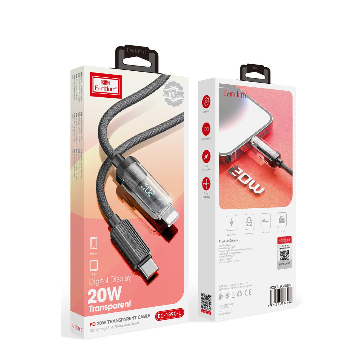 Earldom EC-189CL 1M 20W Dijital Göstergeli Type-C to Lightning PD Hızlı Şarj Kablosu