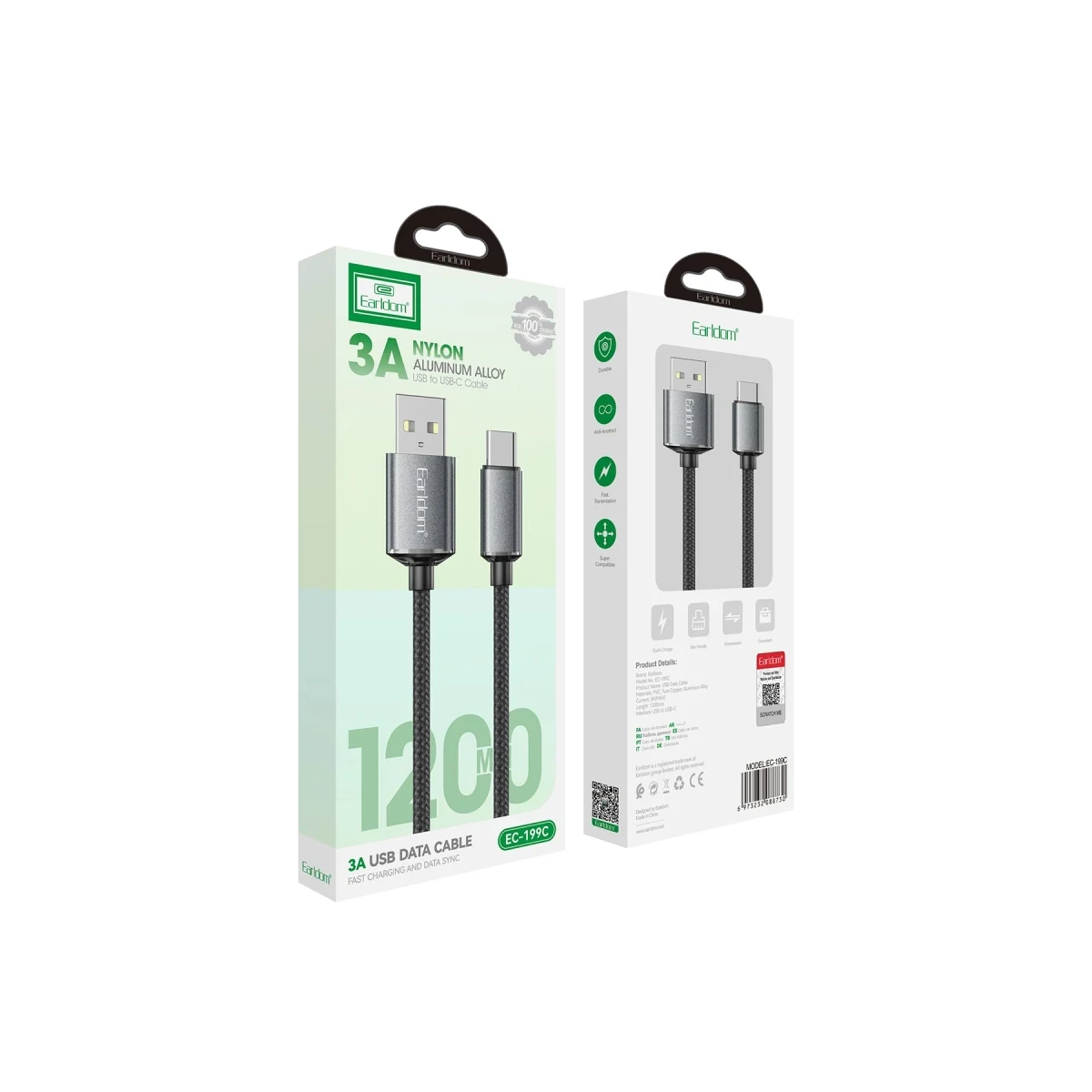 Earldom EC-199C 1.2M 3A USB to Type-C Hızlı Şarj Kablosu - Siyah