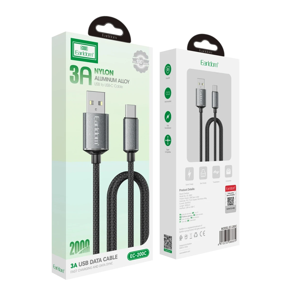 Earldom EC-200C 2M 3A USB to Type-C Hızlı Şarj Kablosu - Siyah