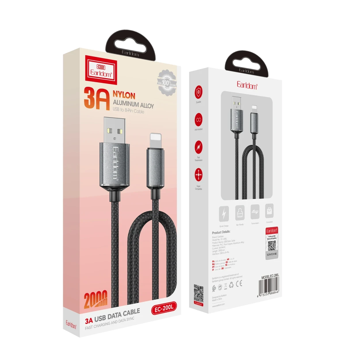 Earldom EC-200L 2M 3A USB to Lightning Hızlı Şarj Kablosu - Siyah