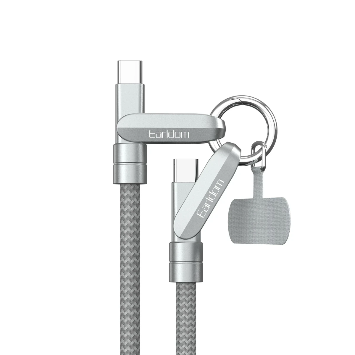 Earldom EC-208CC 1M 60W Type-C to Type-C Ekstra Boyun Askısına Dönüşme Özellikli PD Hızlı Şarj Kablosu - Gümüş