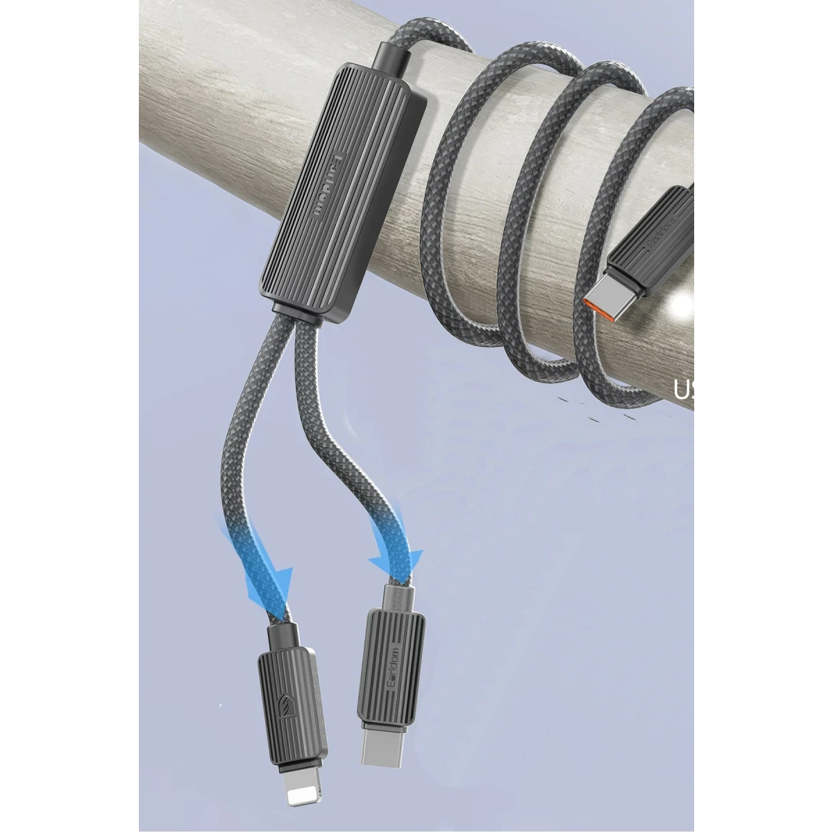 Earldom EC-IC01 1.2M Type-C to Type-C 60W ve Lightning 30W Çift Çıkışlı 2in1 PD Hızlı Şarj Kablosu - Siyah