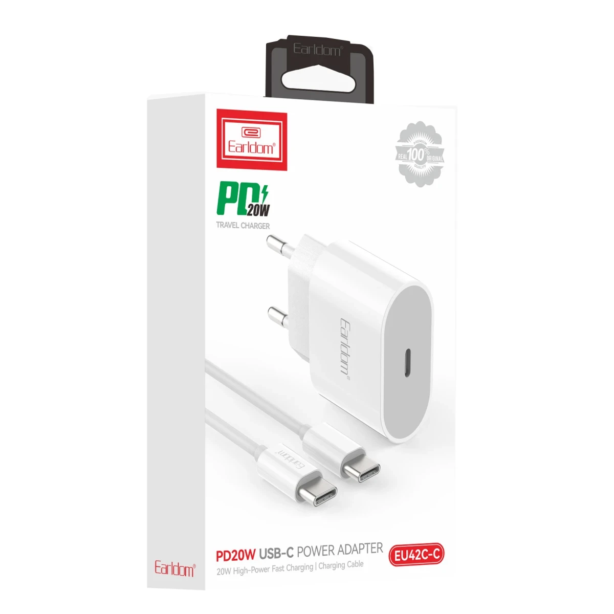Earldom ES-EU42C 20W Type-C Çıkışlı Ekstra Type-C to Type-C Kablolu PD Hızlı Şarj Cihazı - Beyaz