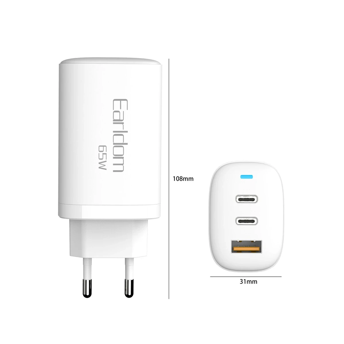 Earldom EU26C 2 Adet 65W Type-C ve 1 Adet 30W USB 3.0 Çıkışlı Ekstra Type-C to Type-C Kablolu GAN Şarj Cihazı - Beyaz