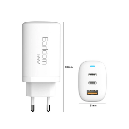 Earldom EU26C 2 Adet 65W Type-C ve 1 Adet 30W USB 3.0 Çıkışlı Ekstra Type-C to Type-C Kablolu GAN Şarj Cihazı - Beyaz