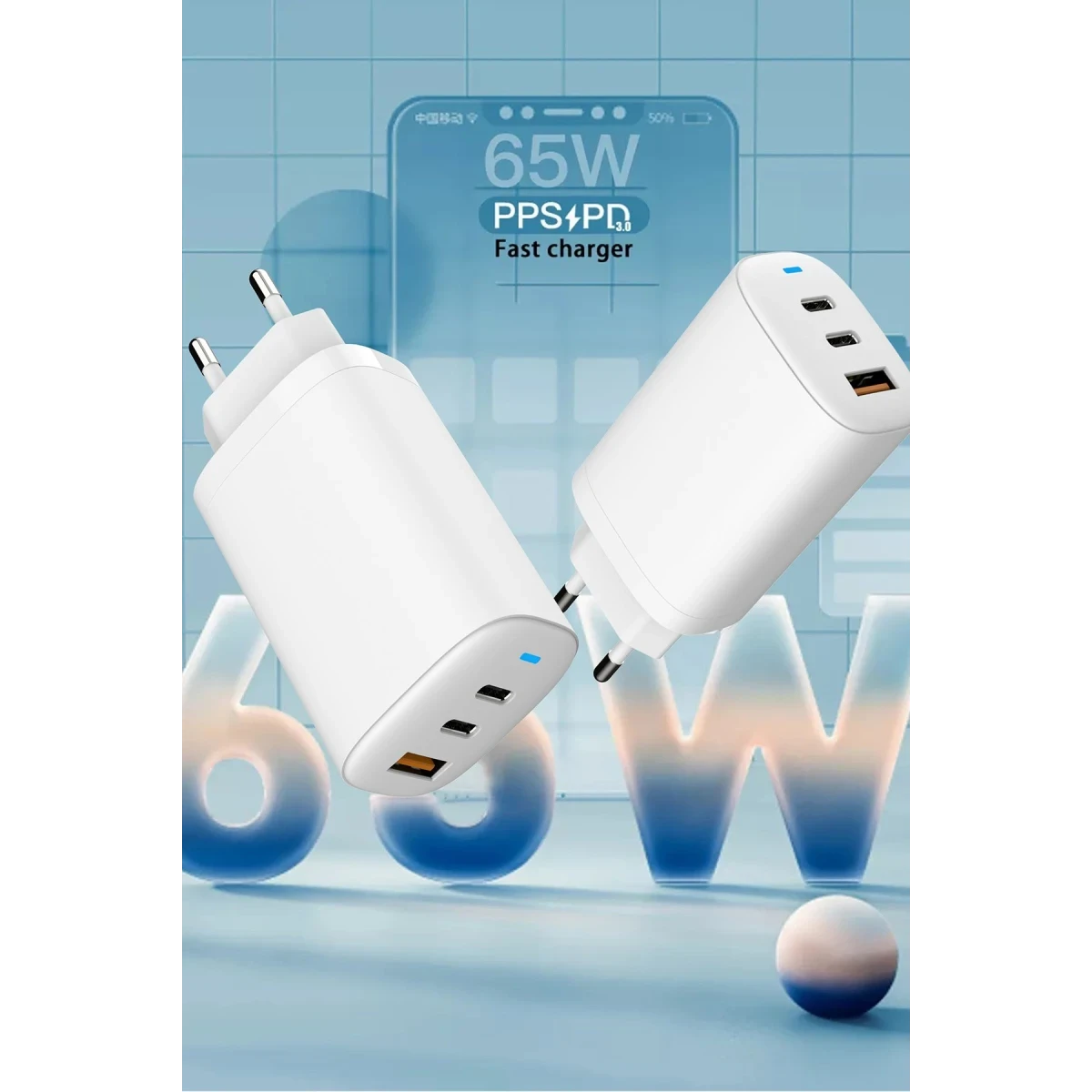 Earldom EU26C 2 Adet 65W Type-C ve 1 Adet 30W USB 3.0 Çıkışlı Ekstra Type-C to Type-C Kablolu GAN Şarj Cihazı - Beyaz