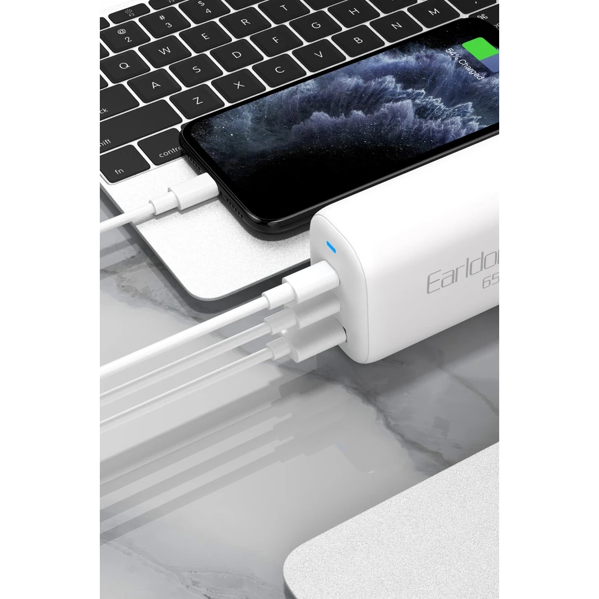 Earldom EU26C 2 Adet 65W Type-C ve 1 Adet 30W USB 3.0 Çıkışlı Ekstra Type-C to Type-C Kablolu GAN Şarj Cihazı - Beyaz