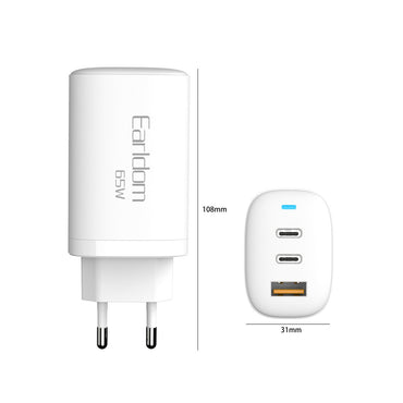 Earldom EU26C 2 Adet 65W Type-C ve 1 Adet 30W USB 3.0 Çıkışlı Ekstra Type-C to Type-C Kablolu GAN Şarj Cihazı