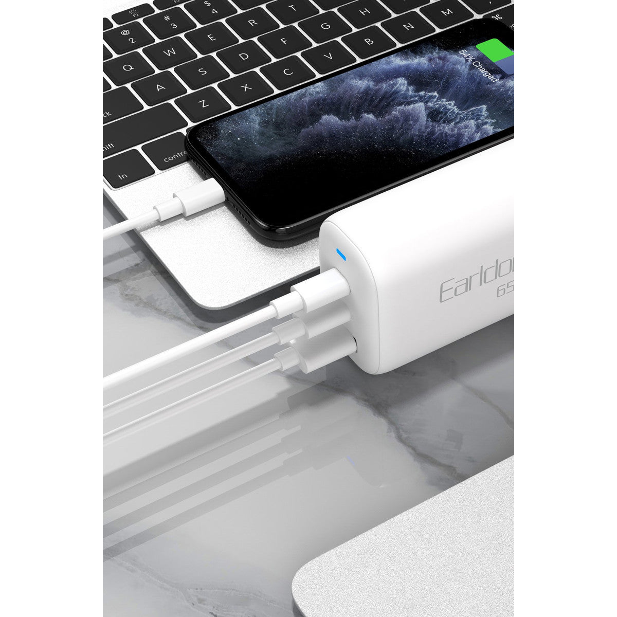 Earldom EU26C 2 Adet 65W Type-C ve 1 Adet 30W USB 3.0 Çıkışlı Ekstra Type-C to Type-C Kablolu GAN Şarj Cihazı