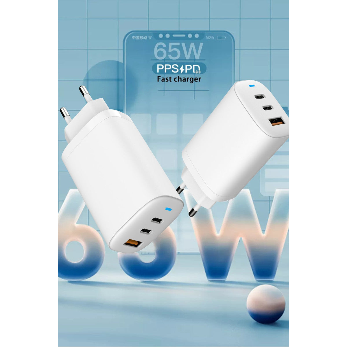 Earldom EU26C 2 Adet 65W Type-C ve 1 Adet 30W USB 3.0 Çıkışlı Ekstra Type-C to Type-C Kablolu GAN Şarj Cihazı