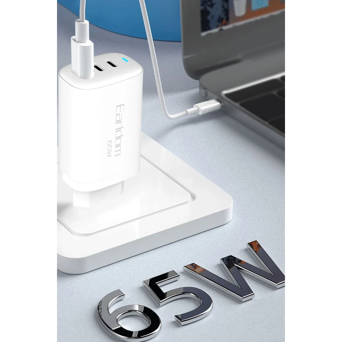 Earldom EU26i 2 Adet 65W Type-C ve 1 Adet 30W USB 3.0 Çıkışlı Ekstra Type-C to Lightning Kablolu GAN Şarj Cihazı - Beyaz