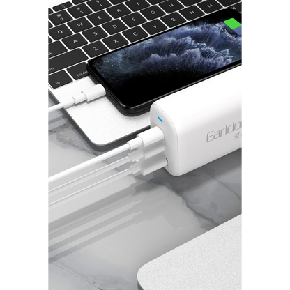 Earldom EU26i 2 Adet 65W Type-C ve 1 Adet 30W USB 3.0 Çıkışlı Ekstra Type-C to Lightning Kablolu GAN Şarj Cihazı - Beyaz