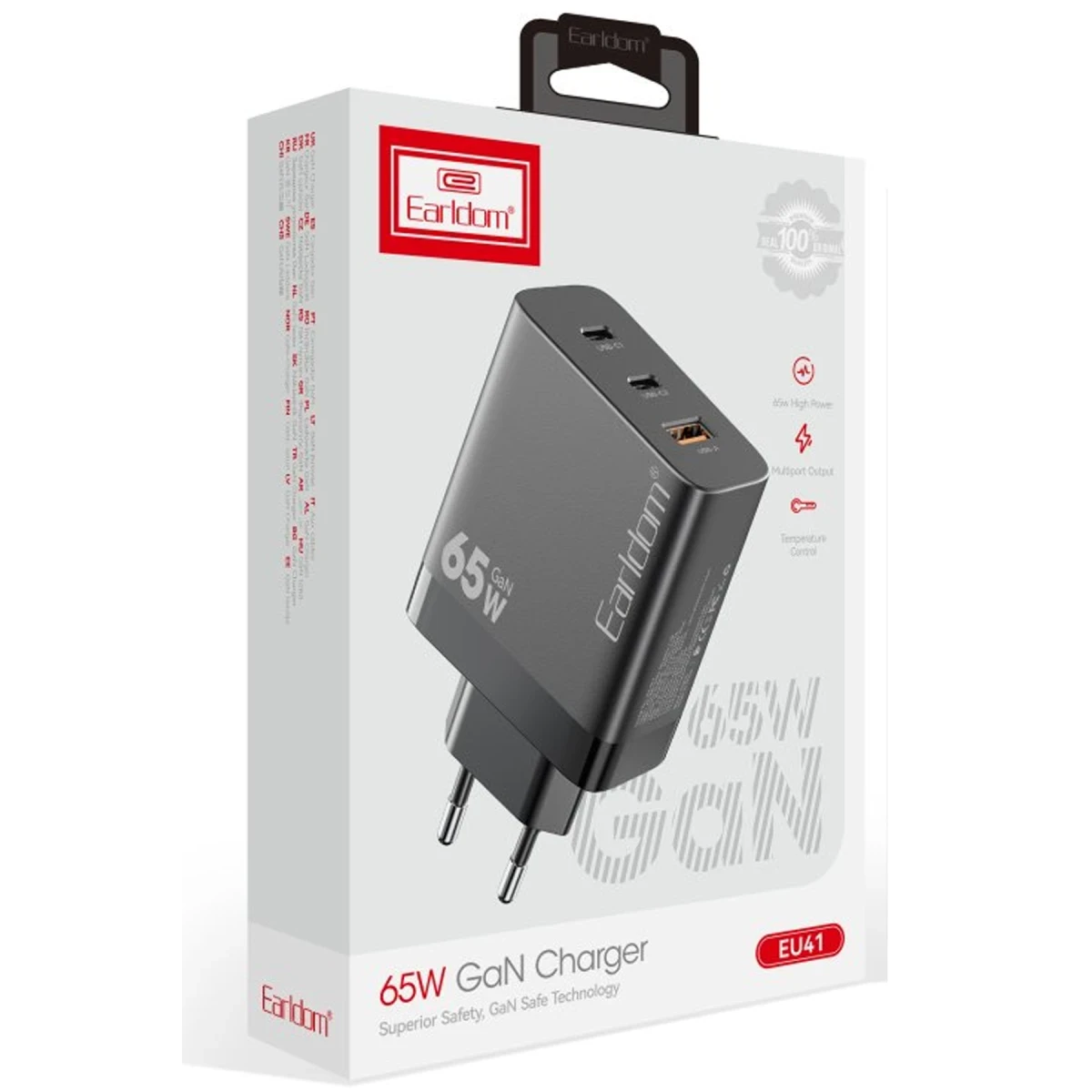 Earldom EU41 2 Adet Type-C ve 1 Adet USB Çıkışlı 65W GAN Şarj Aleti - Siyah