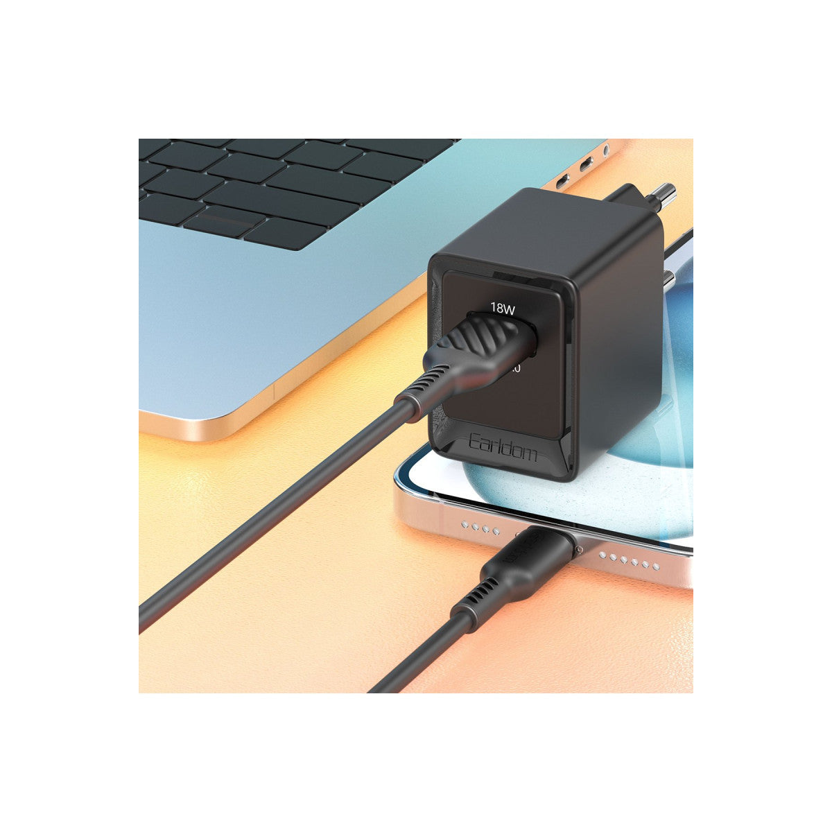 Earldom EU45 18W USB QC 3.0 Çıkışlı ve USB to Lightning Kablolu PD Hızlı Şarj Cihazı