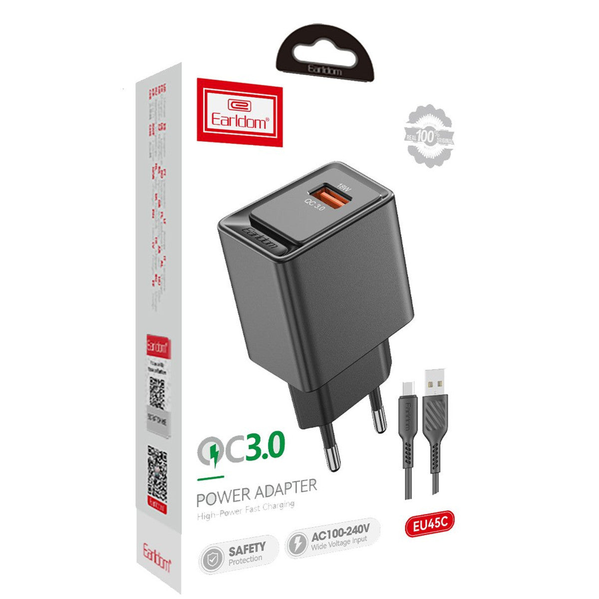 Earldom EU45 18W USB QC 3.0 Çıkışlı ve USB to Type-C Kablolu PD Hızlı Şarj Cihazı