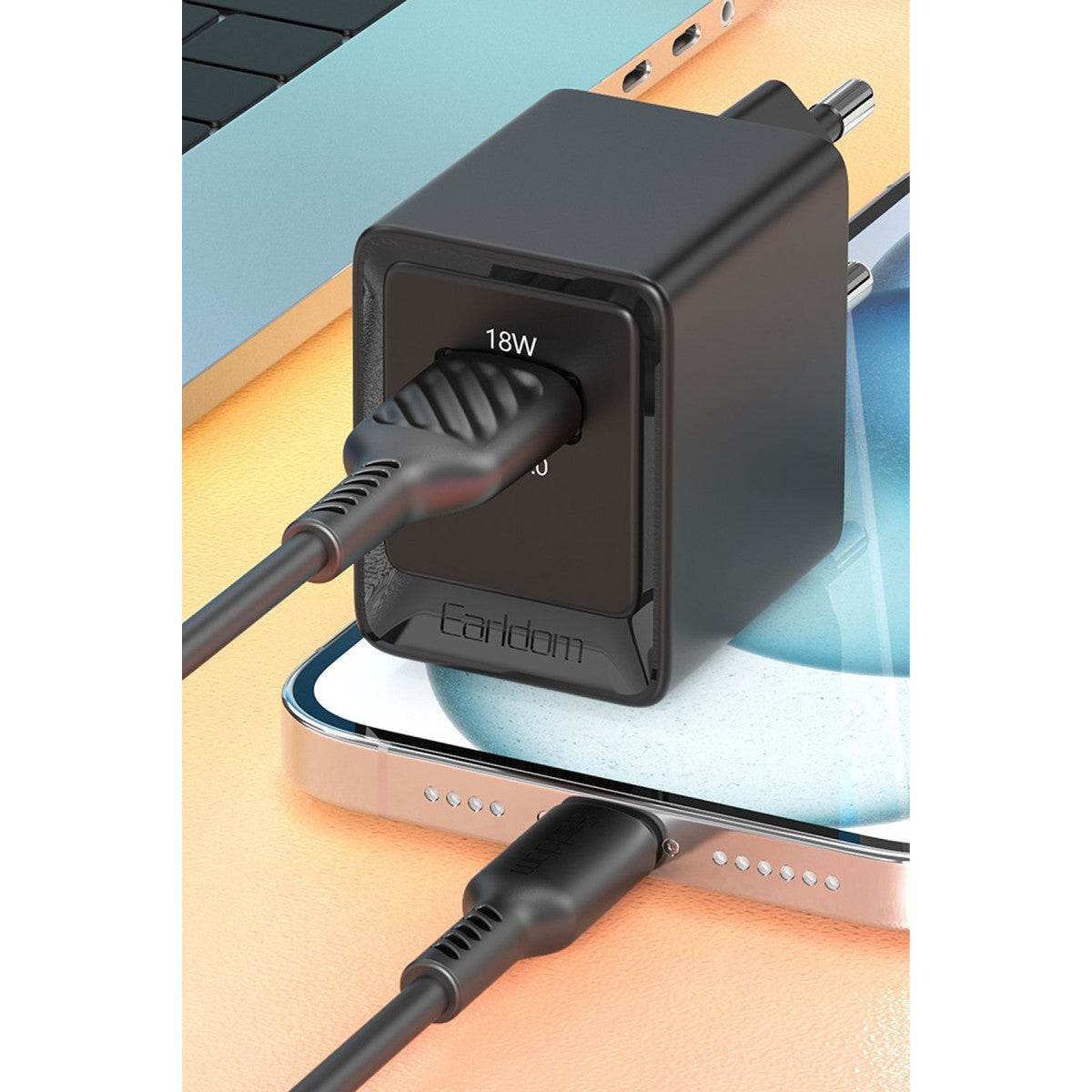 Earldom EU45 18W USB QC 3.0 Çıkışlı ve USB to Type-C Kablolu PD Hızlı Şarj Cihazı