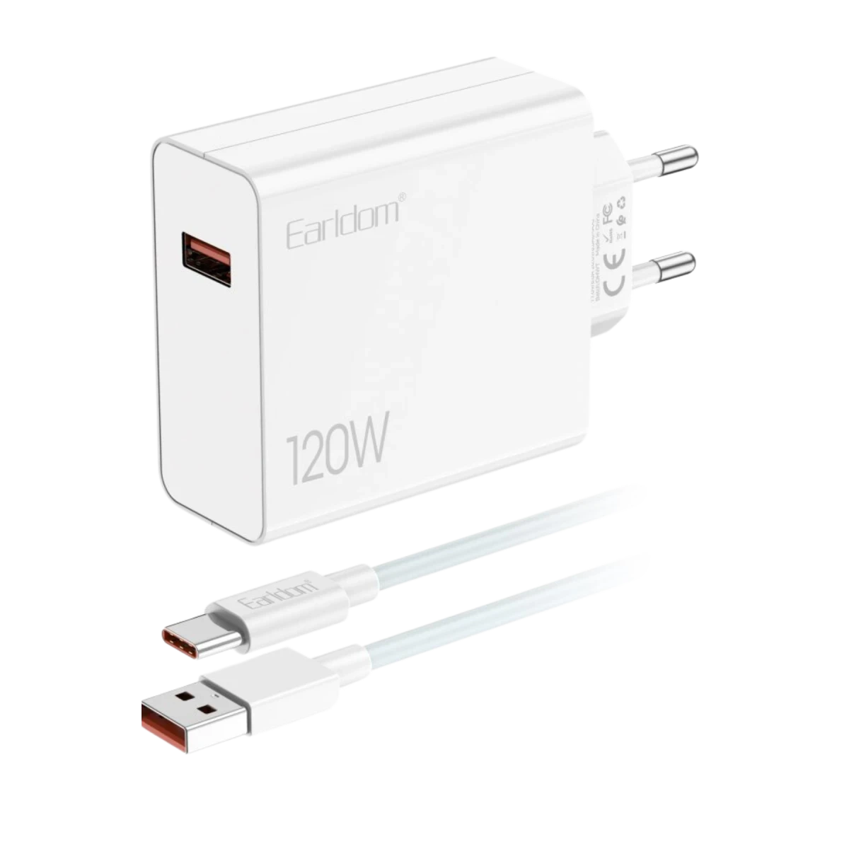 Earldom EU48 120W USB QC 3.0 Çıkışlı ve USB to Type-C Kablolu PD Hızlı Şarj Cihazı - Beyaz