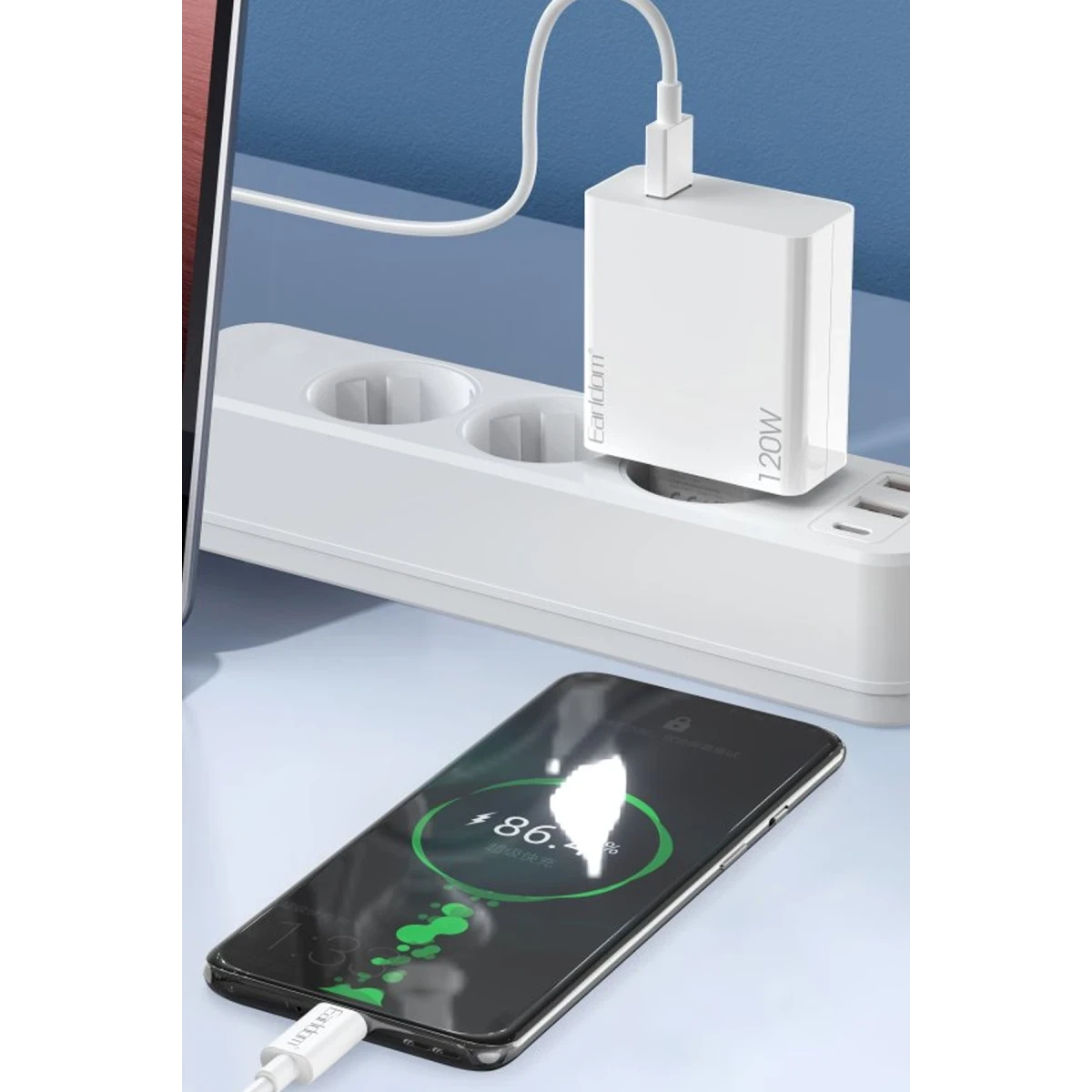 Earldom EU48 120W USB QC 3.0 Çıkışlı ve USB to Type-C Kablolu PD Hızlı Şarj Cihazı - Beyaz