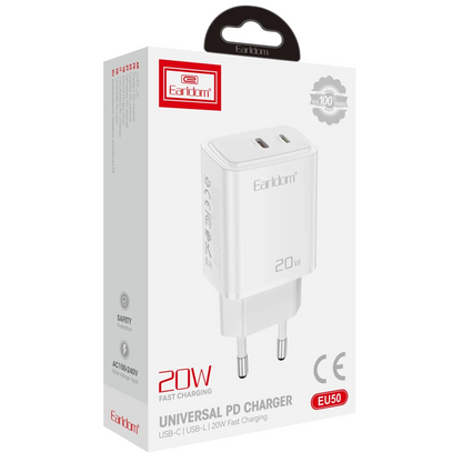 Earldom EU50 20W Type-C ve 20W Lightning Çıkışlı PD Hızlı Şarj Aleti - Beyaz