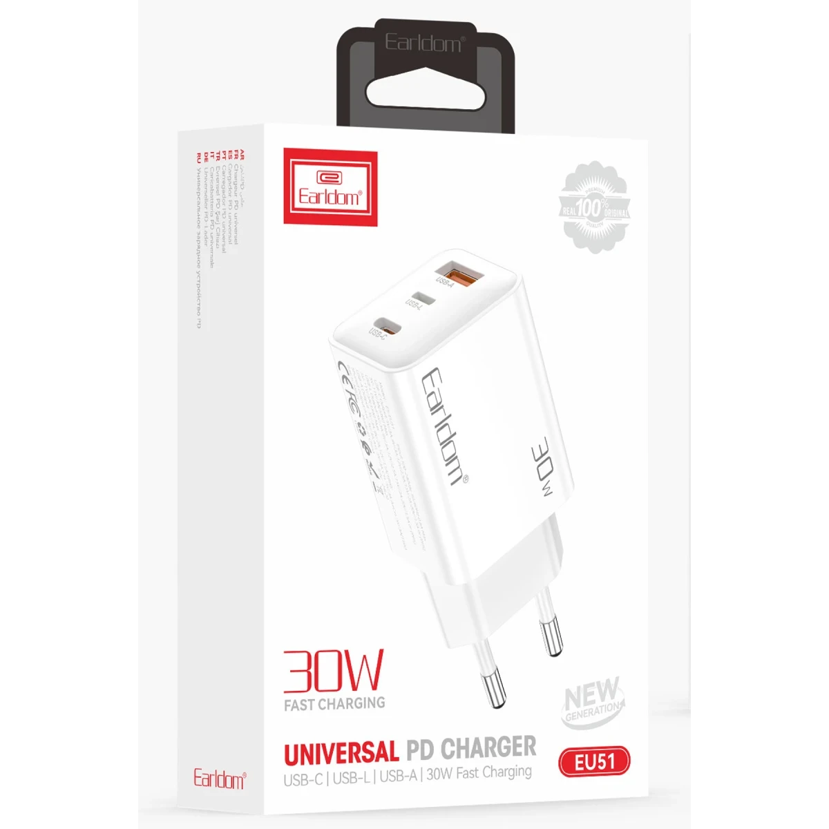 Earldom EU51 Type-C Lightning ve USB Çıkışlı 30W PD Hızlı Şarj Aleti - Beyaz