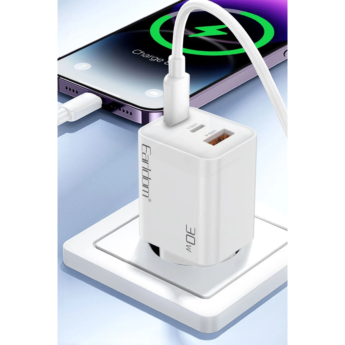 Earldom EU51 Type-C Lightning ve USB Çıkışlı 30W PD Hızlı Şarj Aleti - Beyaz