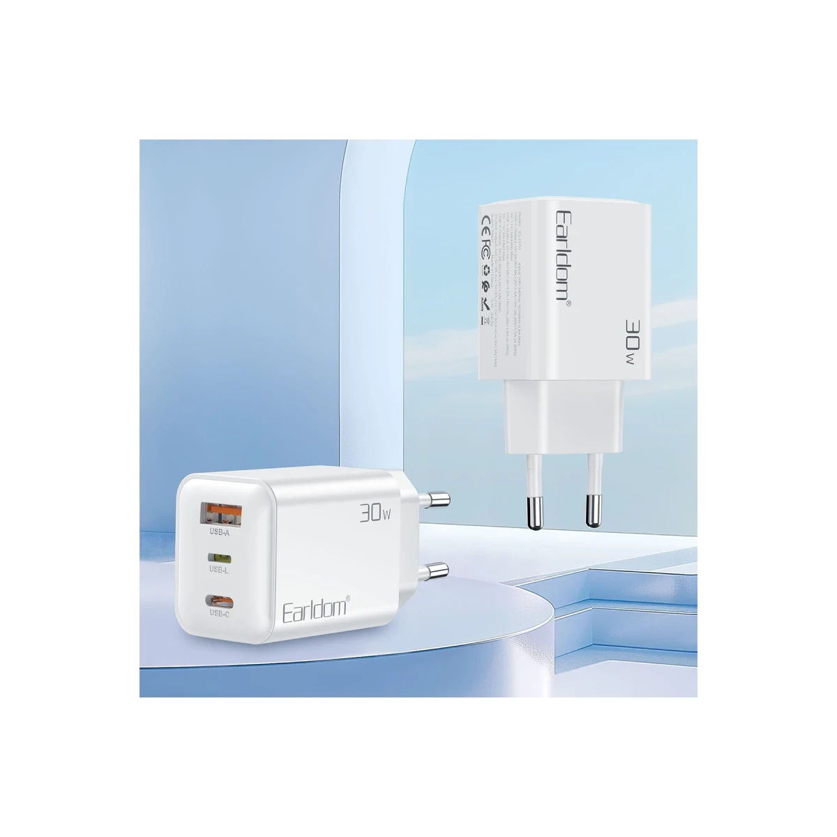 Earldom EU51 Type-C Lightning ve USB Çıkışlı 30W PD Hızlı Şarj Aleti - Beyaz