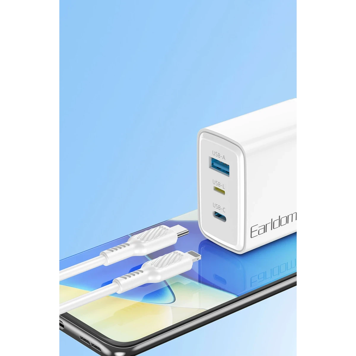 Earldom EU52 Type-C Lightning ve USB Çıkışlı 45W PD Hızlı Şarj Aleti - Beyaz