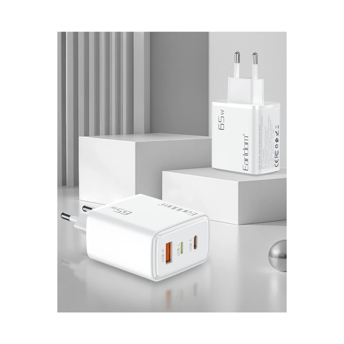 Earldom EU53 Type-C Lightning ve USB Çıkışlı 65W PD Hızlı Şarj Aleti - Beyaz