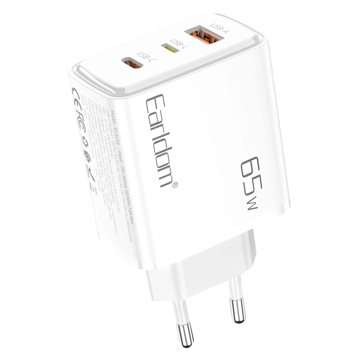 Earldom EU53 Type-C Lightning ve USB Çıkışlı 65W PD Hızlı Şarj Aleti - Beyaz