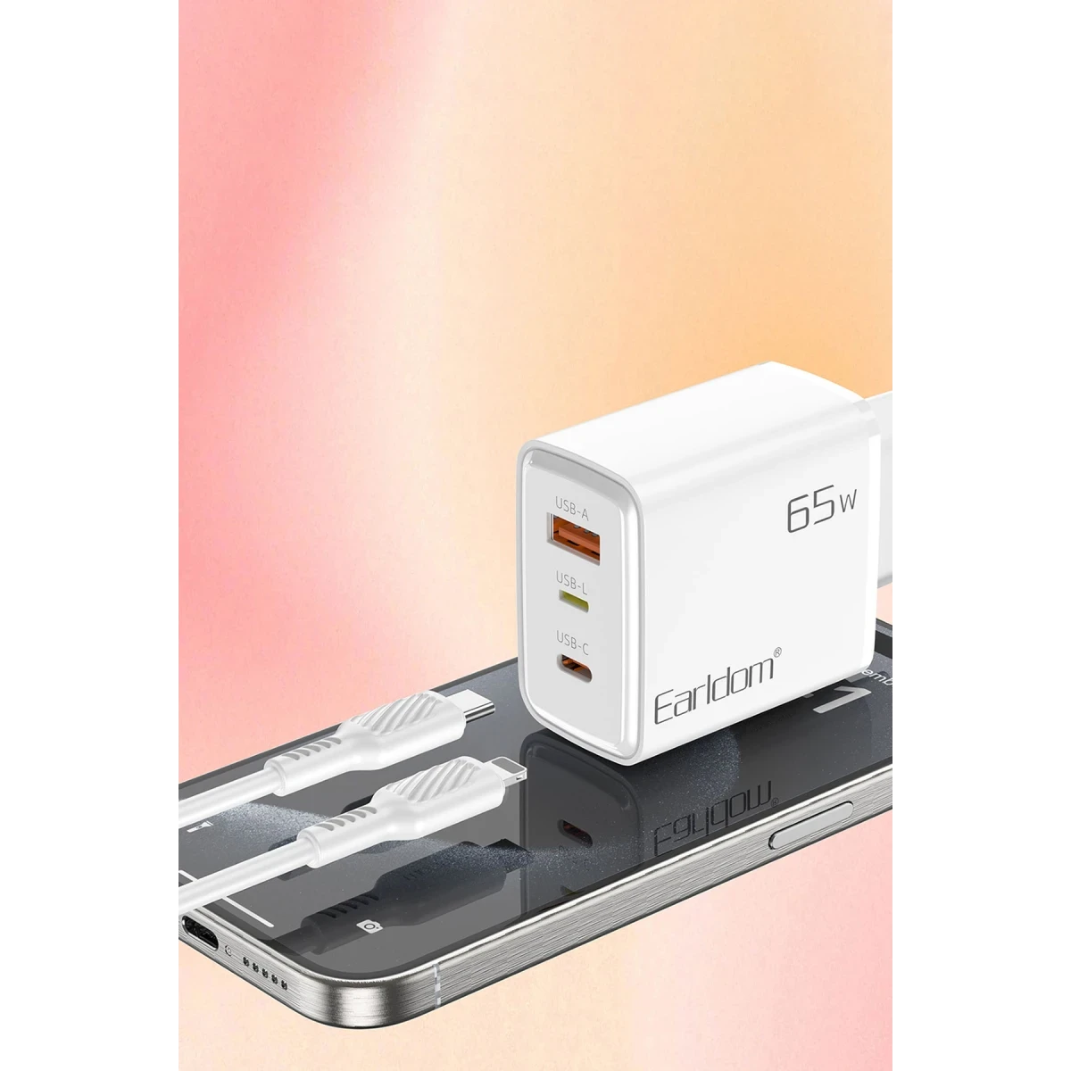 Earldom EU53 Type-C Lightning ve USB Çıkışlı 65W PD Hızlı Şarj Aleti - Beyaz