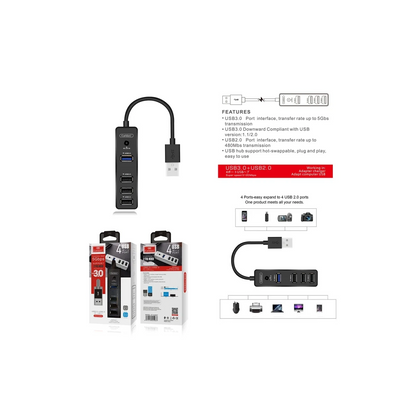 Earldom HUB07 Tak Çalıştır 3 Adet Usb 2.0 ve 1 Adet Usb 3.0 Çıkışlı Usb Çoklayıcı - Siyah