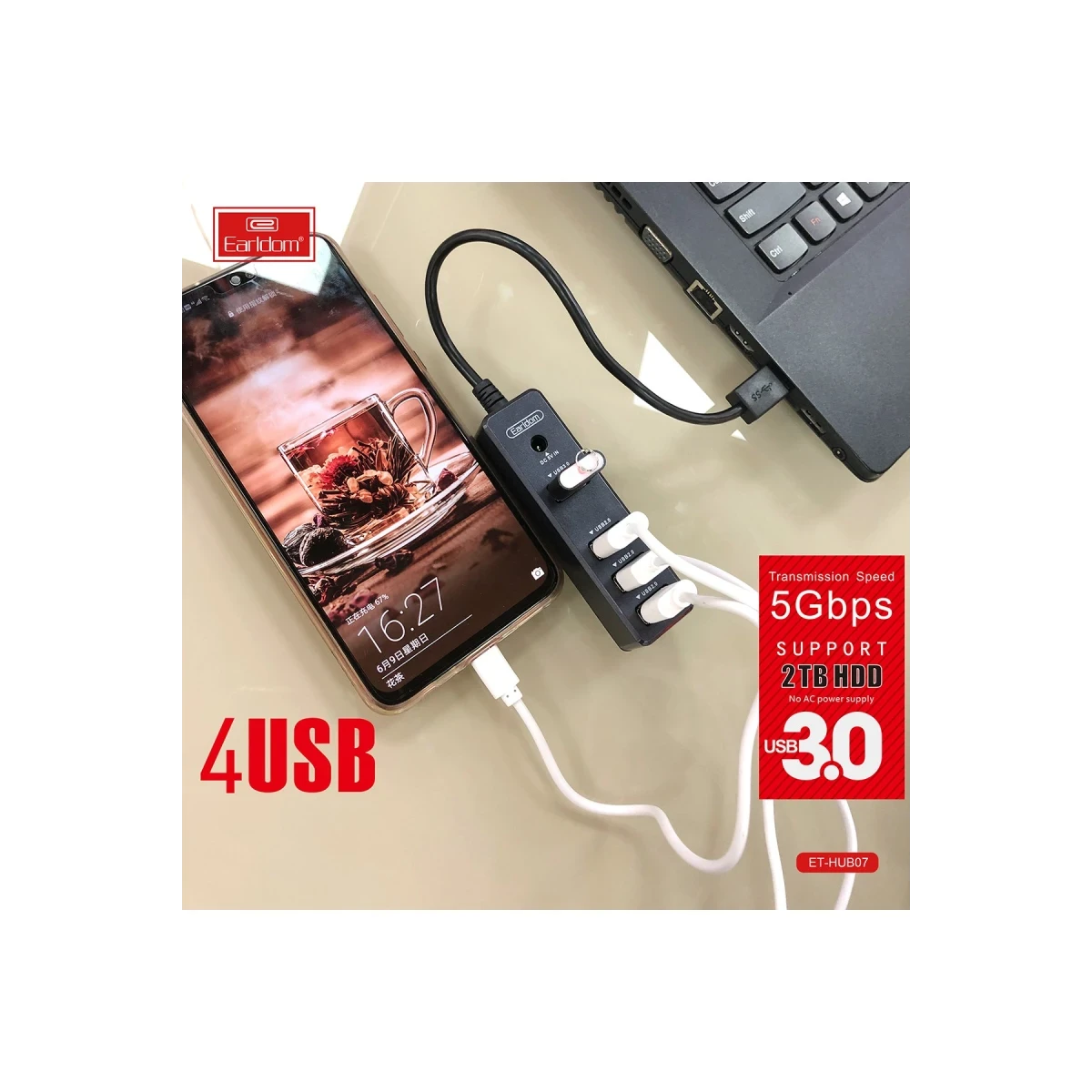 Earldom HUB07 Tak Çalıştır 3 Adet Usb 2.0 ve 1 Adet Usb 3.0 Çıkışlı Usb Çoklayıcı - Siyah