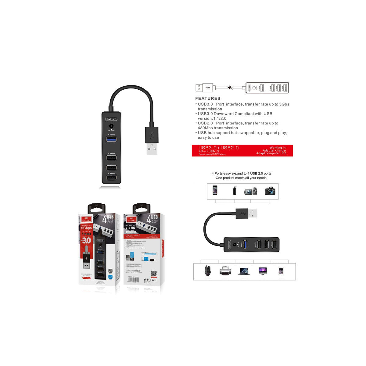 Earldom HUB07 Tak Çalıştır 3 Adet Usb 2.0 ve 1 Adet Usb 3.0 Çıkışlı Usb Çoklayıcı