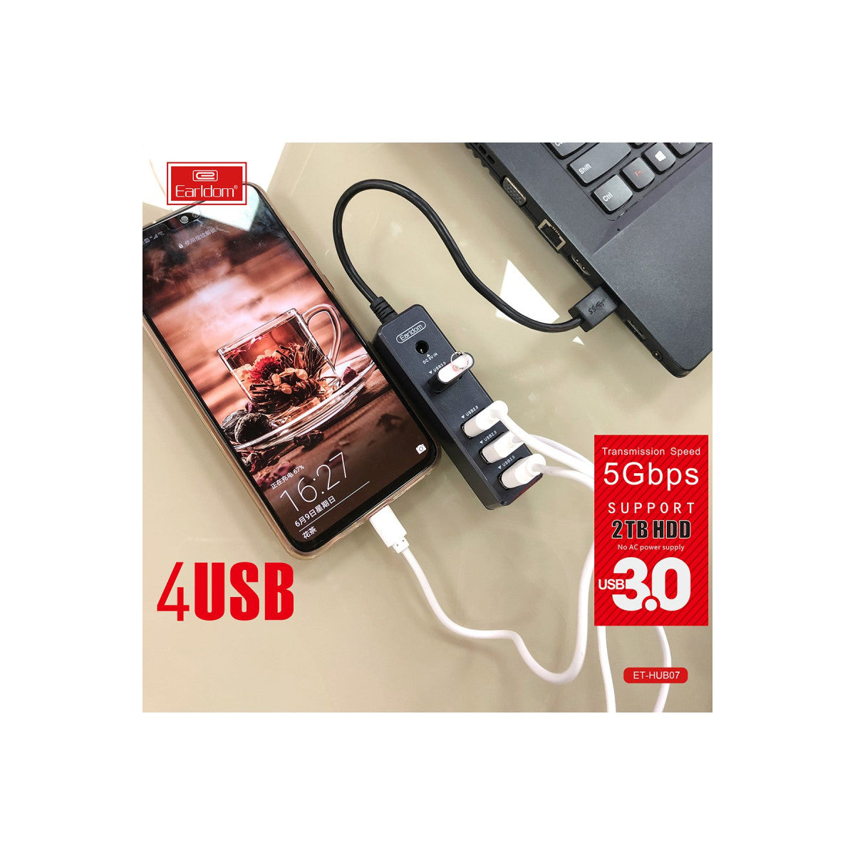 Earldom HUB07 Tak Çalıştır 3 Adet Usb 2.0 ve 1 Adet Usb 3.0 Çıkışlı Usb Çoklayıcı