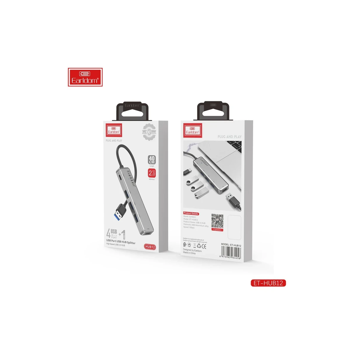 Earldom HUB12 Tak Çalıştır 40cm 4 Adet Usb 2.0 ve 1 Adet Type-C Çıkışlı Usb Çoklayıcı - Gri