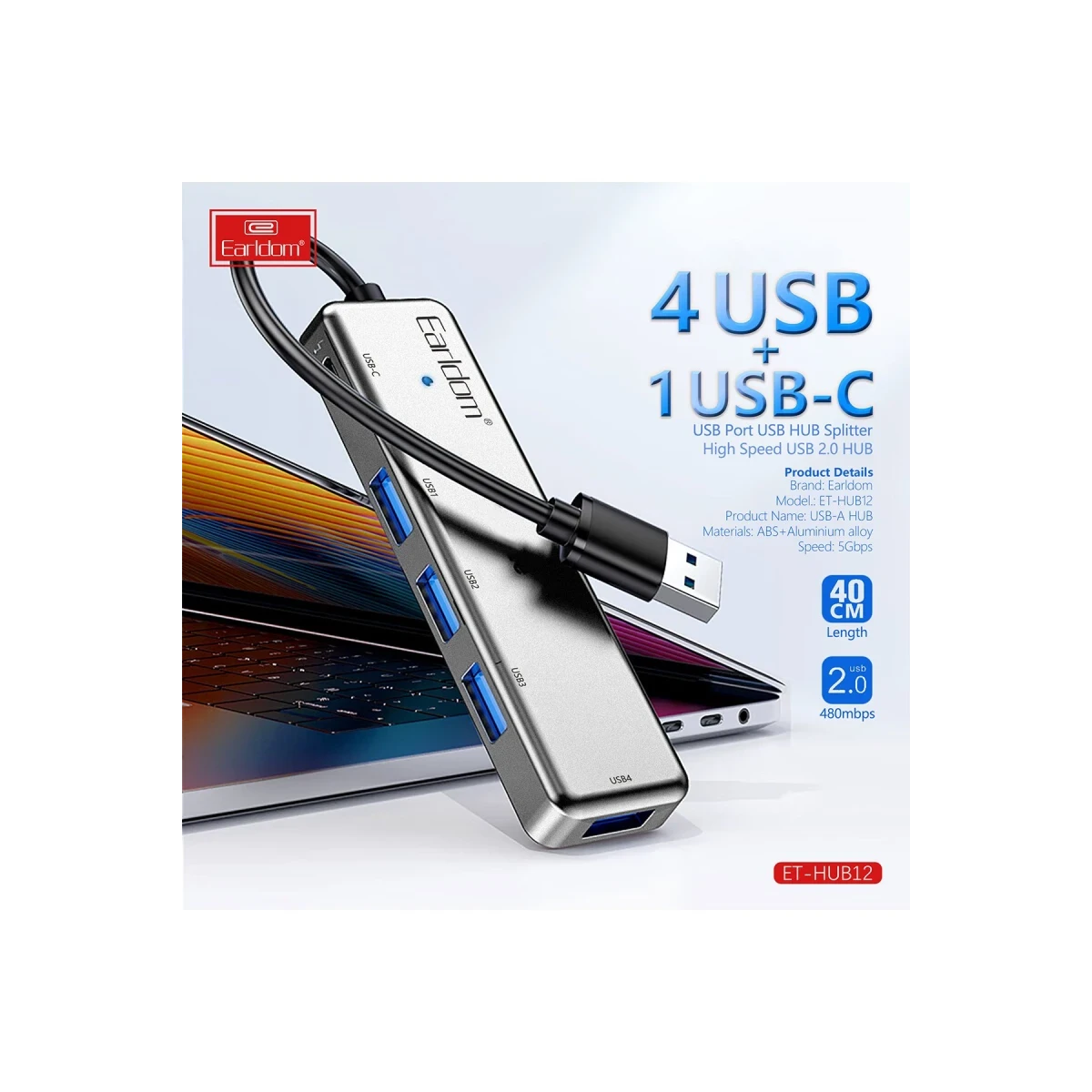 Earldom HUB12 Tak Çalıştır 40cm 4 Adet Usb 2.0 ve 1 Adet Type-C Çıkışlı Usb Çoklayıcı - Gri