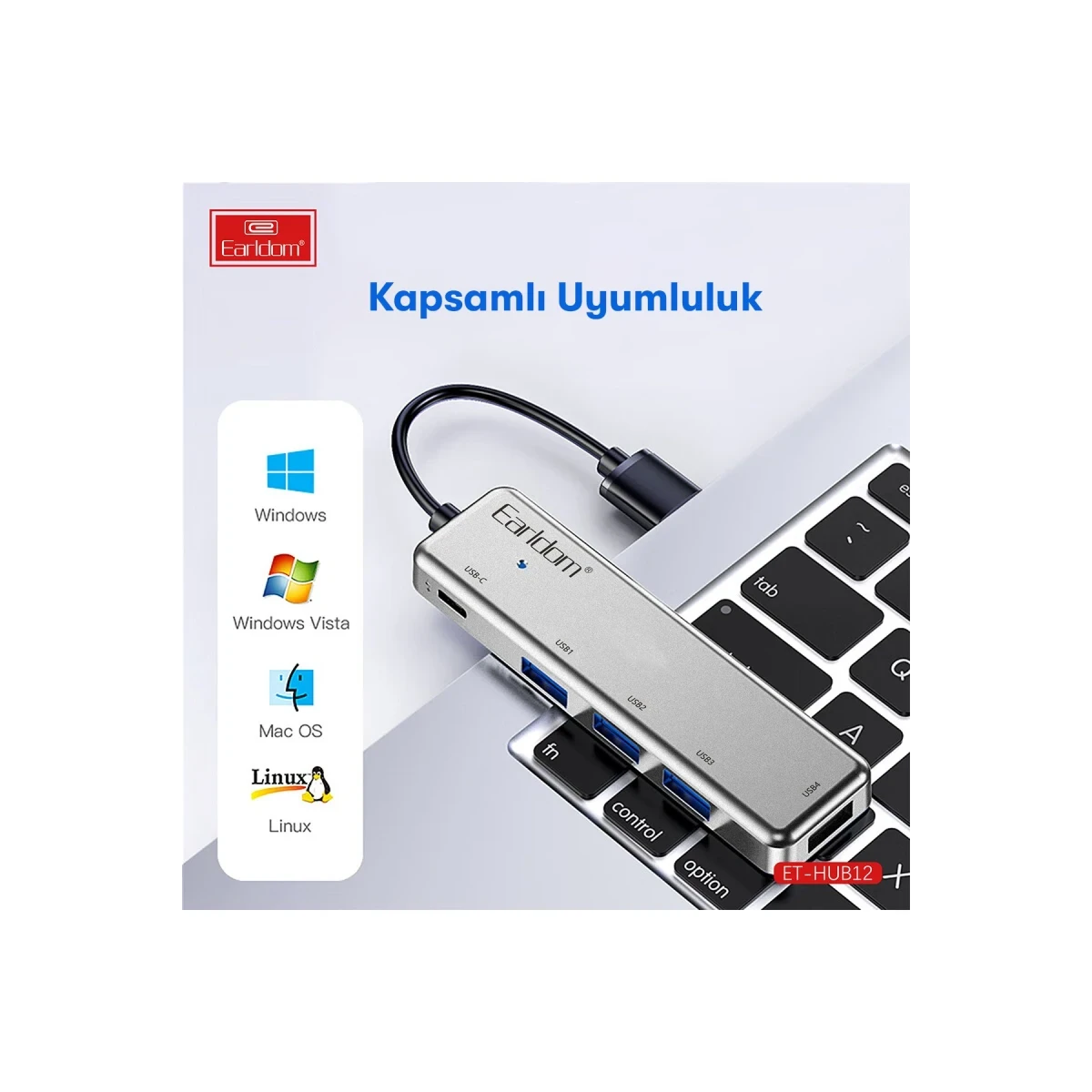 Earldom HUB12 Tak Çalıştır 40cm 4 Adet Usb 2.0 ve 1 Adet Type-C Çıkışlı Usb Çoklayıcı - Gri