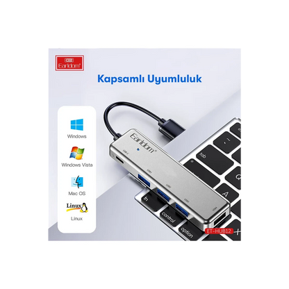 Earldom HUB12 Tak Çalıştır 40cm 4 Adet Usb 2.0 ve 1 Adet Type-C Çıkışlı Usb Çoklayıcı - Gri