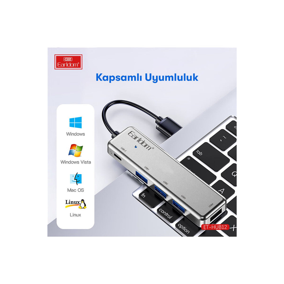 Earldom HUB12 Tak Çalıştır 40cm 4 Adet Usb 2.0 ve 1 Adet Type-C Çıkışlı Usb Çoklayıcı