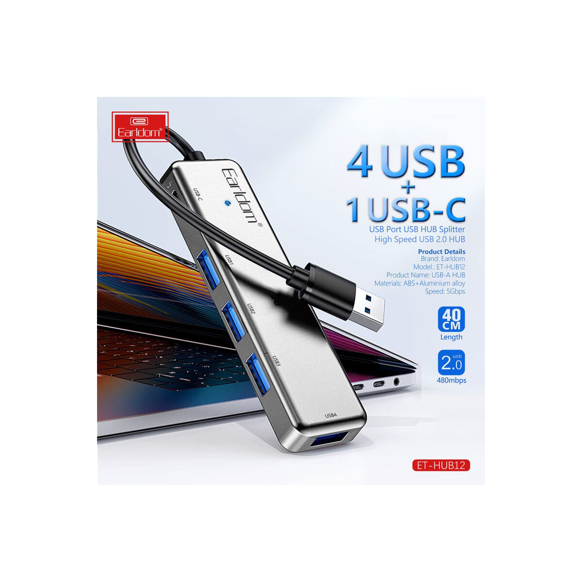 Earldom HUB12 Tak Çalıştır 40cm 4 Adet Usb 2.0 ve 1 Adet Type-C Çıkışlı Usb Çoklayıcı