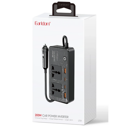 Earldom LT01 200W AC 220V Çıkışlı PD Destekli 4 Portlu Araç İçi Güç Dönüştürücü - Siyah