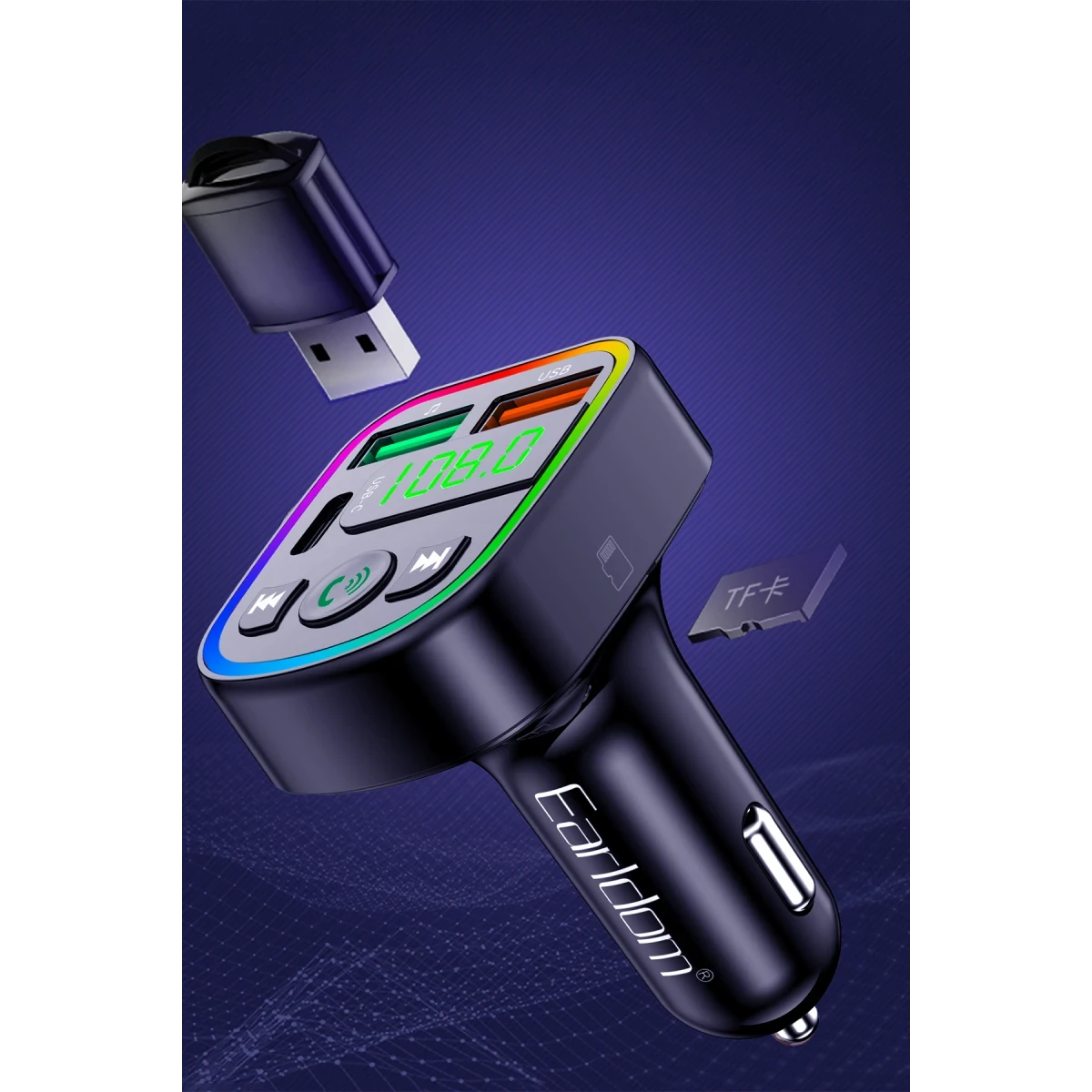 Earldom M103 Bluetooth USB ve Type C Çıkışlı Hızlı Şarj Dijital FM Transmitter - Siyah