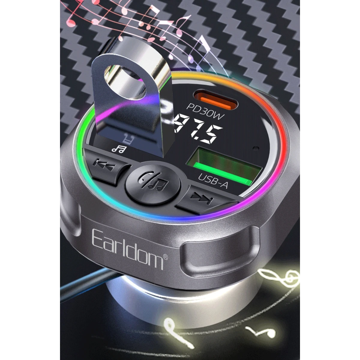 Earldom M113 Bluetooth USB Type-C ve Çakmaklık Çıkışlı Hızlı Araç Şarjı - Siyah